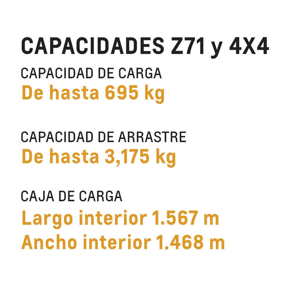 Chevrolet Colorado 2022 versión 4x4 con capacidades de carga de 695kg y capacidad de arrastre de 3,175kg